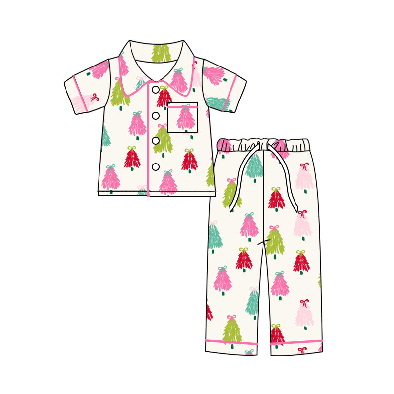 (Custom Design Preorder MOQ 5) Colorful Trees Print Girls Christmas Pajamas Clothes Set