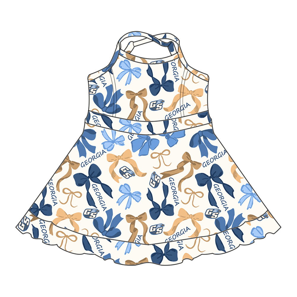 (Custom Design Preorder MOQ 5 Each Color) Team's GEORGIA Bows Print Girls Summer Clothes Sisters Matching Wear