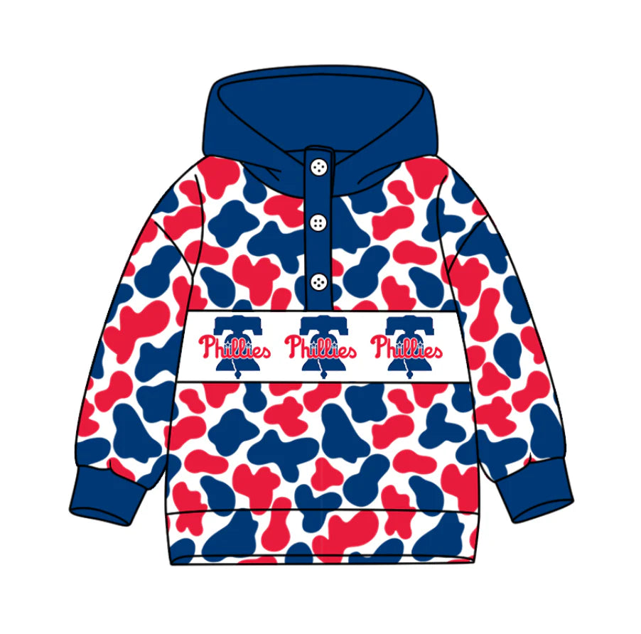 (Custom Design Preorder MOQ 5) Team's Philadelphia Phillies Camo Print Kids Long Sleeve Buttons Hoodie Top