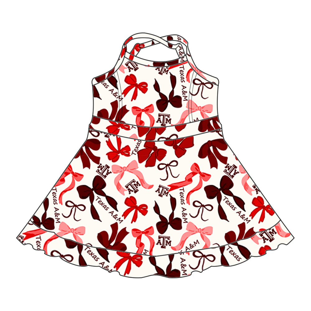 (Custom Design Preorder MOQ 5 Each Color) Team's TEXAS A&M Bows Print Girls Summer Clothes Sisters Matching Wear