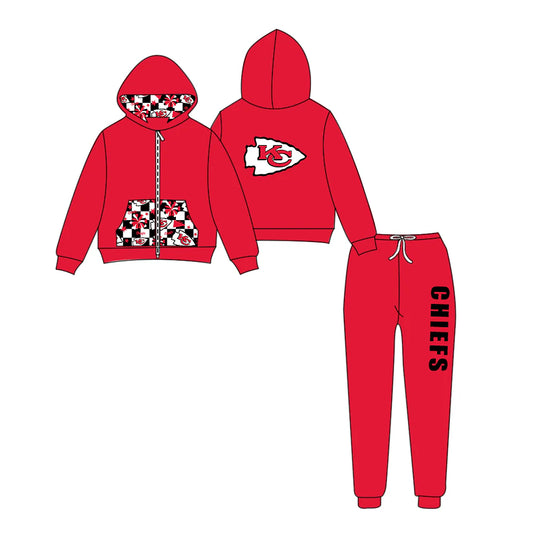 (Custom Design Preorder MOQ 5) Team's CHIEFS Zipper Hoodie Top Red Pants Kids Fall Clothes Set