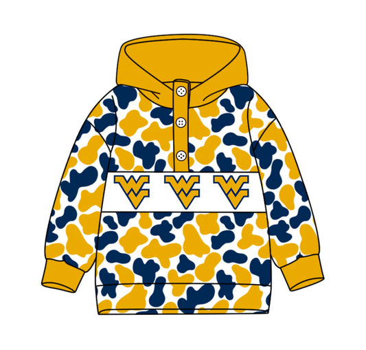 (Custom Design Preorder MOQ 5) Team's West Virginia Camo Print Kids Long Sleeve Buttons Hoodie Top