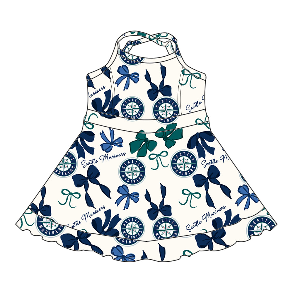 (Custom Design Preorder MOQ 5 Each Color) Team's SEATTLE MARINERS Bows Print Girls Summer Clothes Sisters Matching Wear