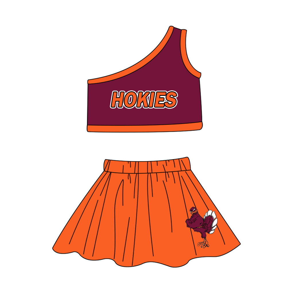 (Custom Design Preorder MOQ 5) Team's HOKIES Print One Shoulder Sleeve Top Skirts Shorts Girls Summer Clothes Set