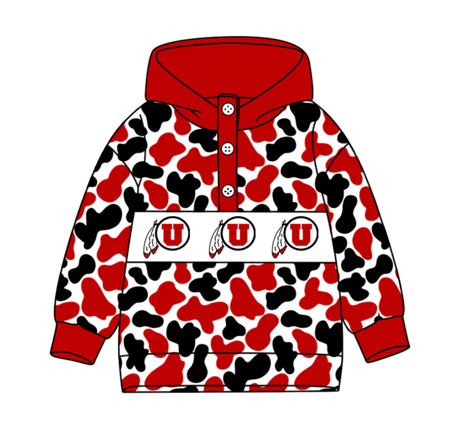 (Custom Design Preorder MOQ 5) Team's Utah Utes Camo Print Kids Long Sleeve Buttons Hoodie Top