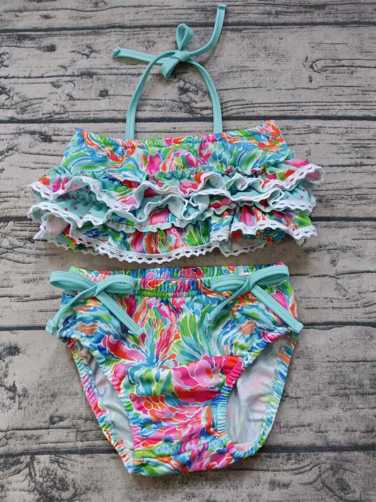 (Custom Design Preorder MOQ 5) Colorful Flowers Print Girls 2 Pieces Strap Swimsuits