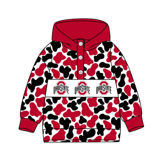 (Custom Design Preorder MOQ 5) Team's OHIO STATE Camo Print Kids Long Sleeve Buttons Hoodie Top
