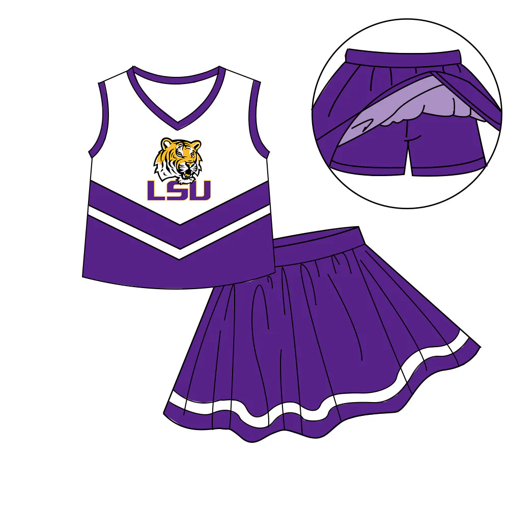 (Custom Design Preorder MOQ 5) Team's LSU Tigers Top Skirts Shorts Girls Summer Clothes Sets