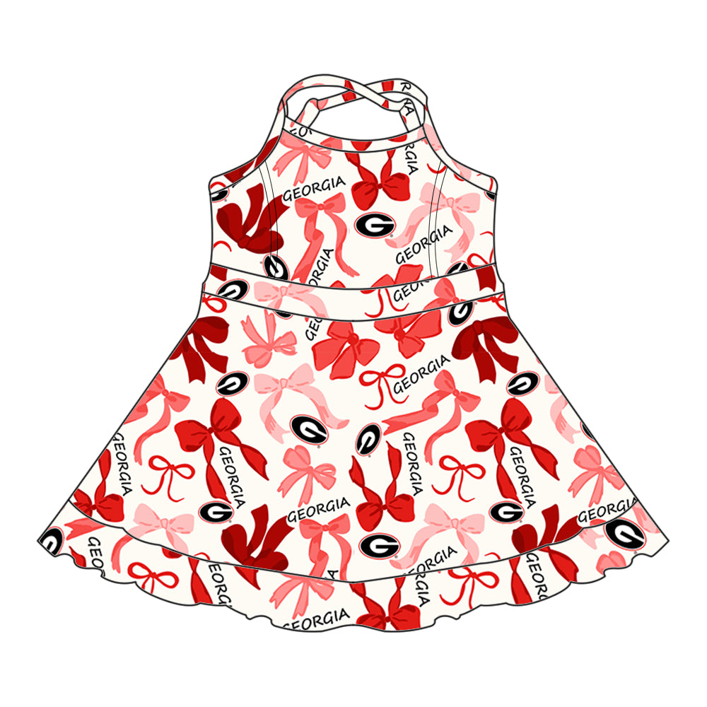 (Custom Design Preorder MOQ 5 Each Color) Team's GEORGIA Bows Print Girls Summer Clothes Sisters Matching Wear