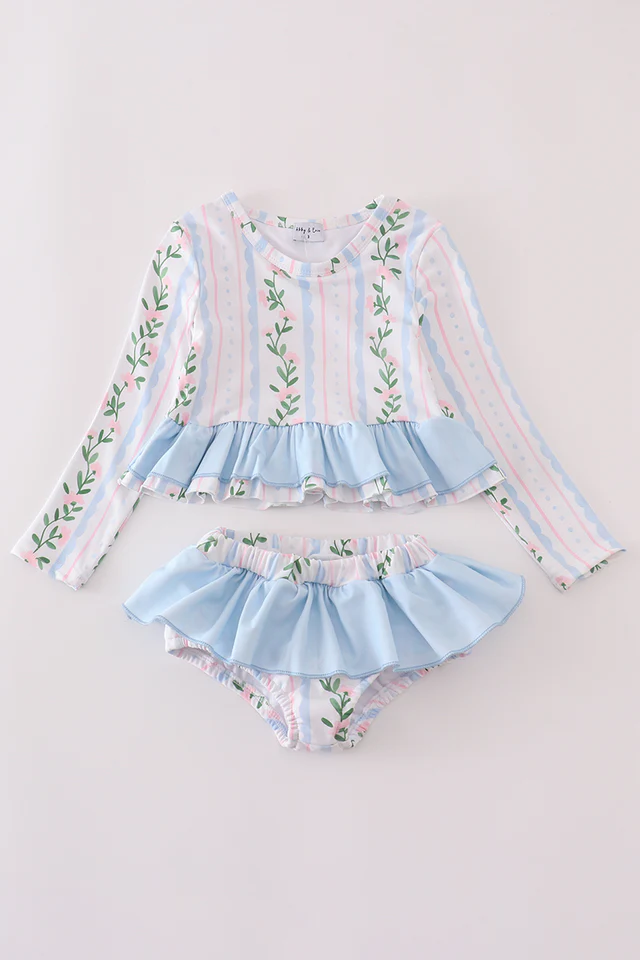 (Custom Design Preorder MOQ 5) Flowers Long Sleeve Top Ruffle Shorts Girls 2 Pieces Swimsuits