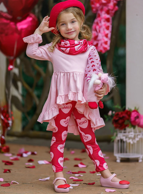 (Custom Design Preorder MOQ 5) Pink Tunic Top XOXO Heart Legging Pants Girls 3 Pieces Valentine's Clothes set