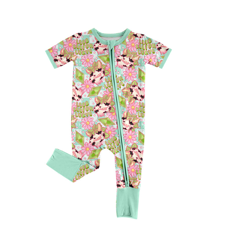 (Custom Design Preorder MOQ 20) Cows Flowers Print Baby Girls Western Bamboo Sleeper Zipper Romper