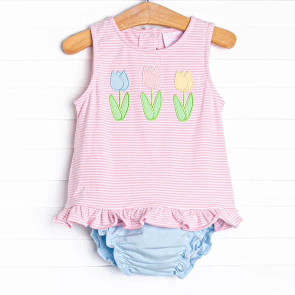 (Custom Design Preorder MOQ 5) Flowers Pink Stripes Top Blue Shorts Baby Girls Summer Bummie Set
