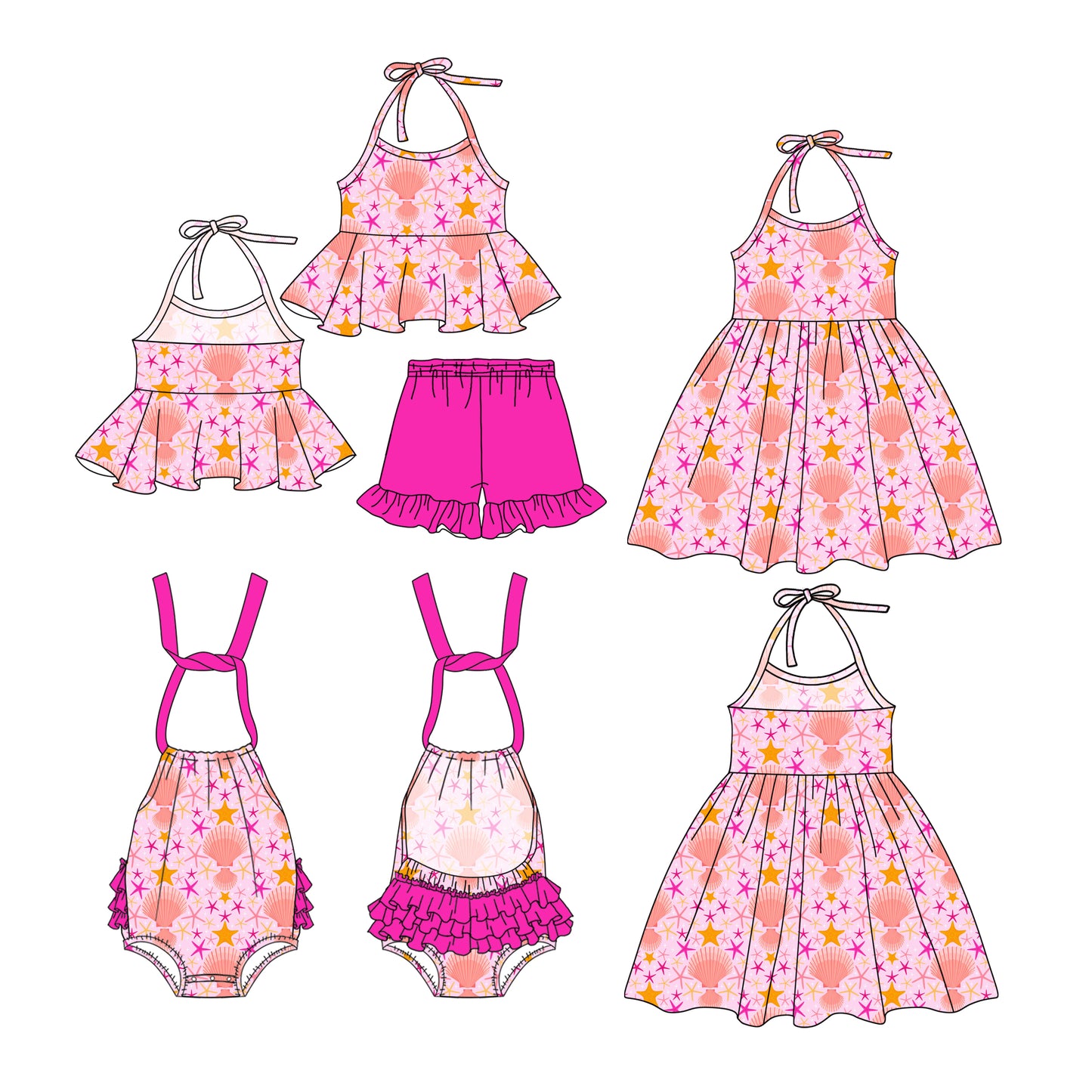 1.4(Custom Design Preorder MOQ 5 Each Design) Shell Pink Print Girls Summer Matching Clothes Sisters Wear