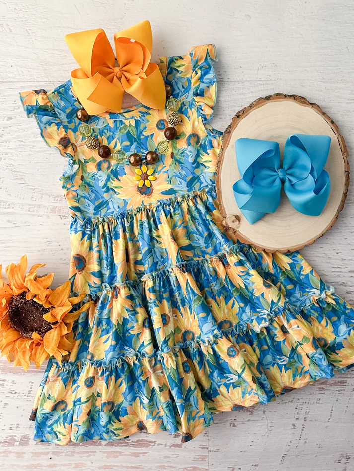 (Custom Design Preorder MOQ 5) Sunflowers Blue Girls Summer Knee Length Dress
