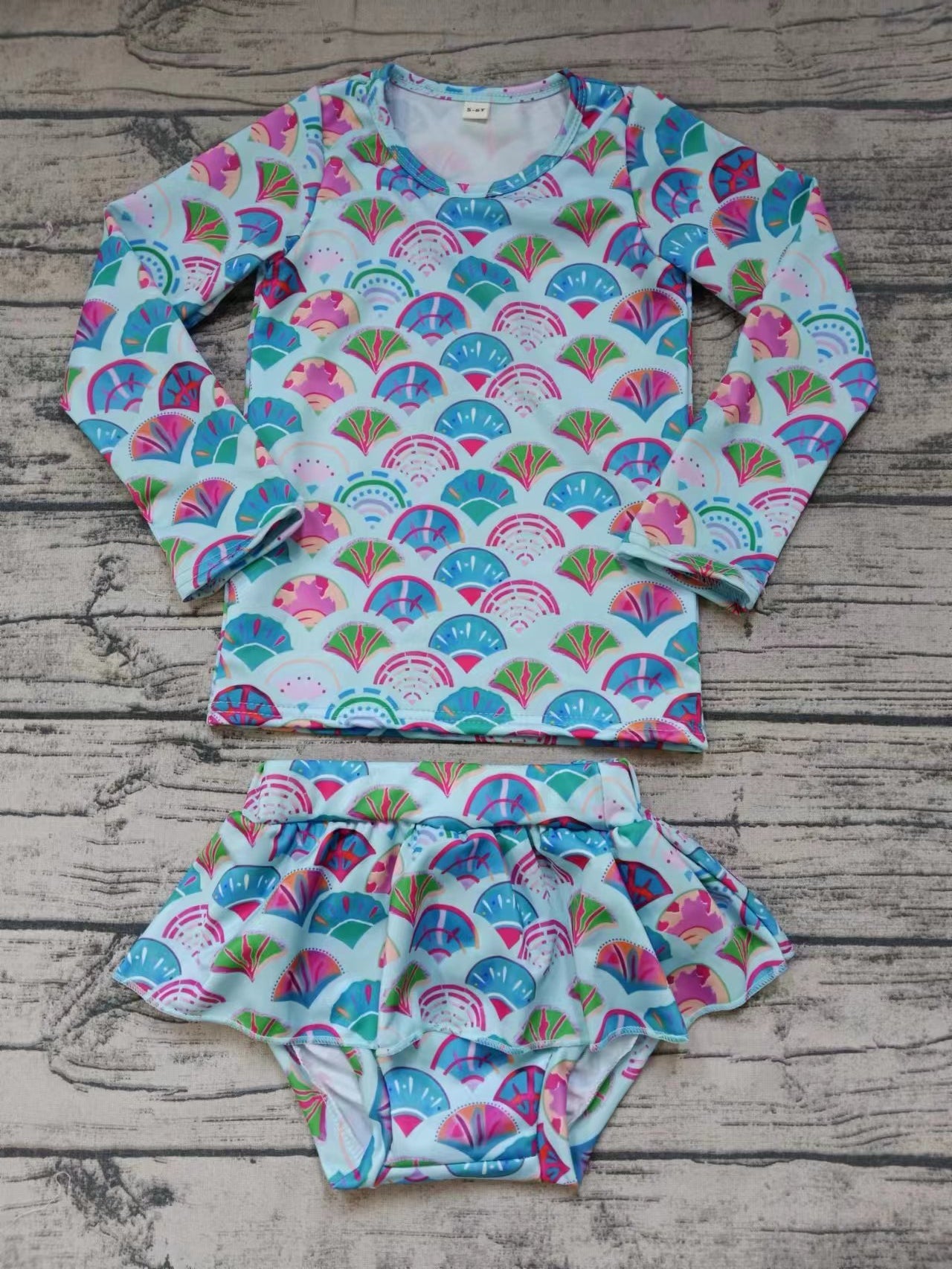 (Custom Design Preorder MOQ 5) Colorful Scale Print Girls 2 Pieces Long Sleeve Swimsuits