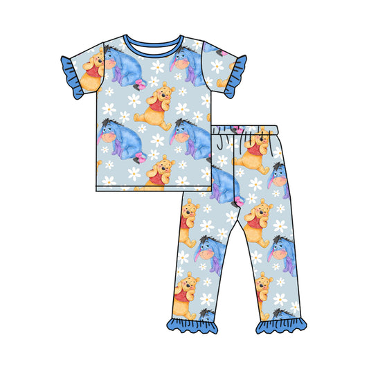 (Custom Design Preorder MOQ 20) Cartoon Animals Flowers Print Girls Pajamas Bamboo Clothes Set