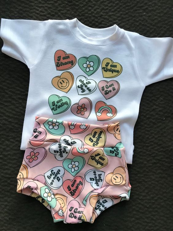 (Custom Design Preorder MOQ 5) Colorful Heart Flowers Print Baby Girls Valentine's Bummie Set