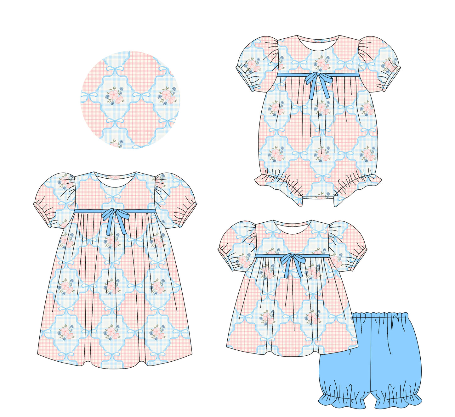5.24(Custom Design Preorder MOQ 5 Each Design) Small Flowers Plaid Print Girls Summer Matching Clothes Sisters Wear