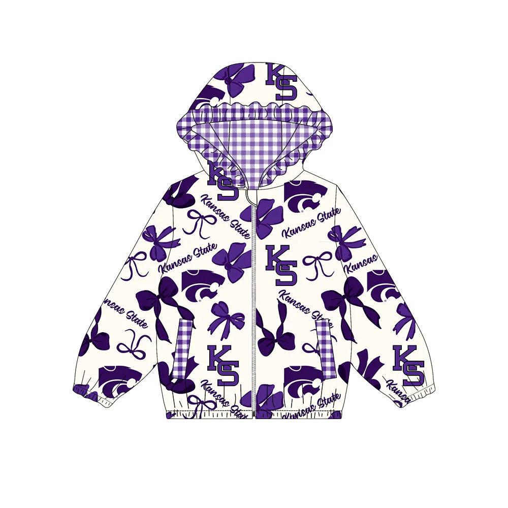 (Custom Design Preorder MOQ 5) Team's Kansas State Bows Print Pockets Girls Long Sleeve Zipper Jackets Top