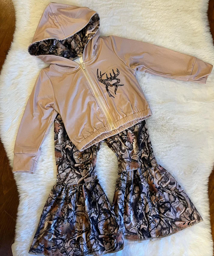 GLP0821 Camo Print Bell Pants Hoodie Jacket Top Girls Clothes Set