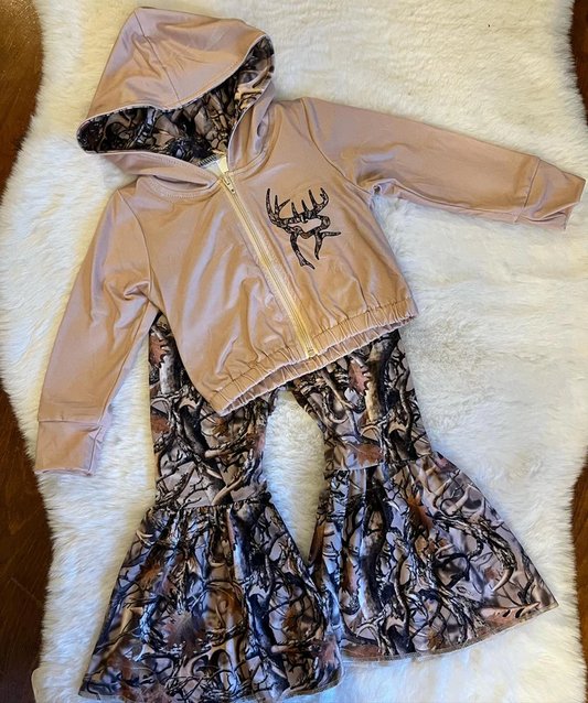 GLP0821 Camo Print Bell Pants Hoodie Jacket Top Girls Clothes Set