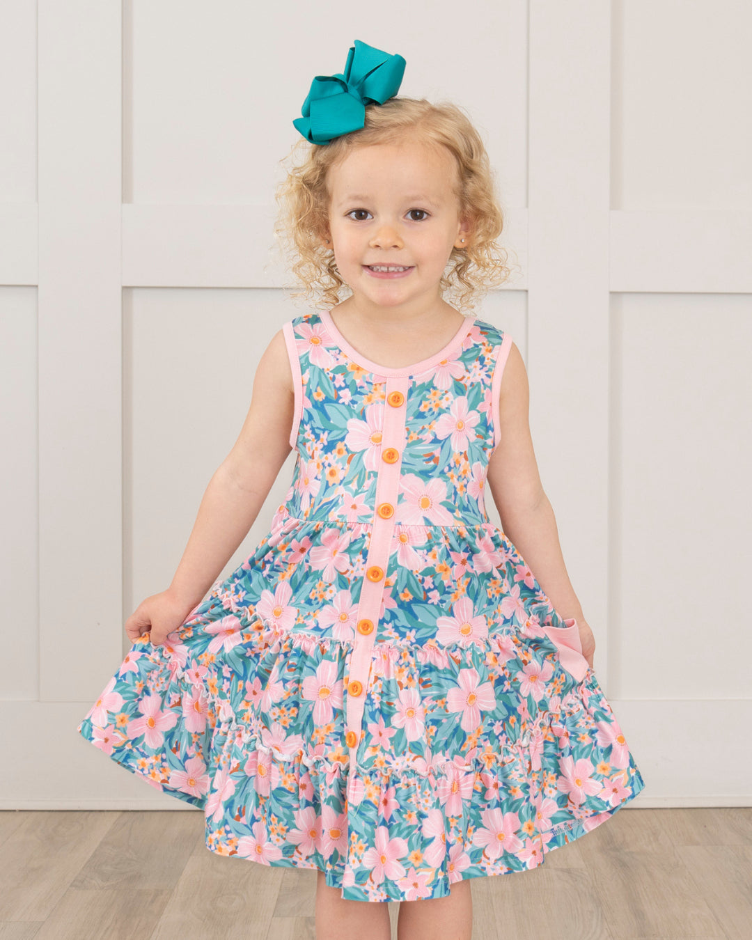 (Custom Design Preorder MOQ 5 Each Design) Pink Flowers Print Girls Summer Matching Clothes Sisters Wear