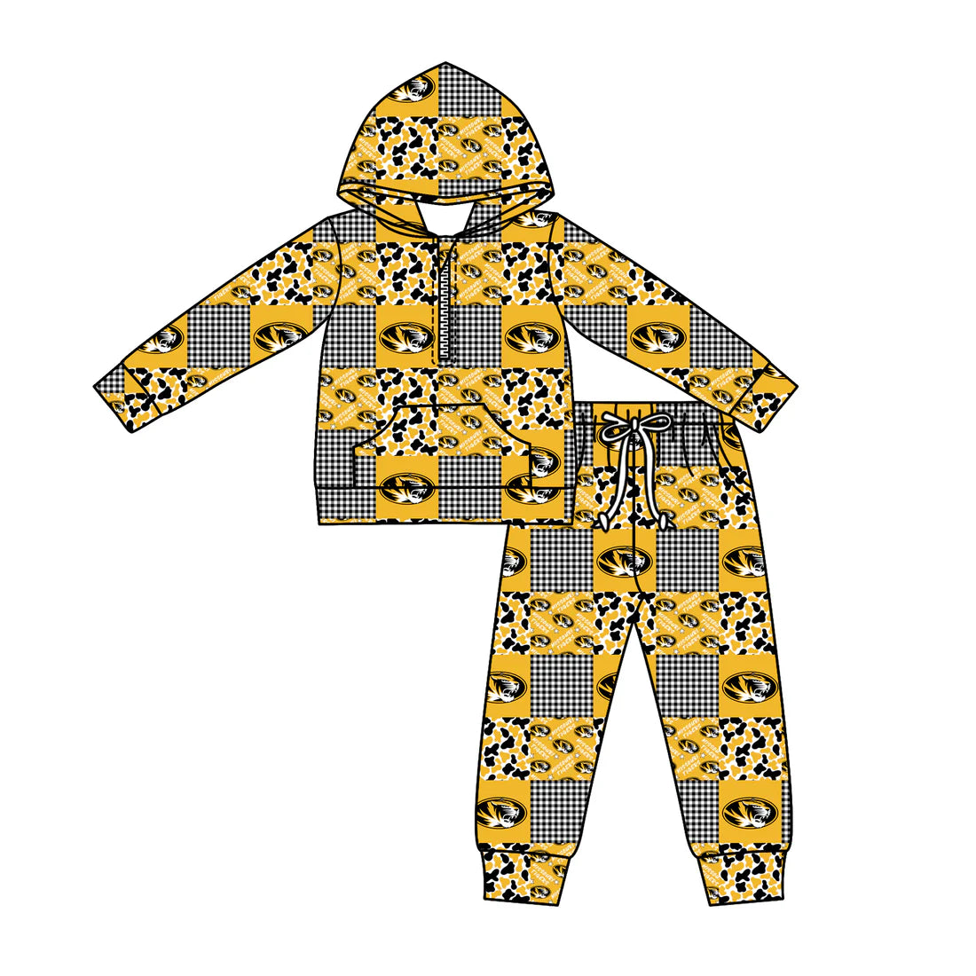 (Custom Design Preorder MOQ 5) Team's Missouri Tigers Plaid Print Zipper Hoodie Top Pockets Pants Kids Fall Clothes Set