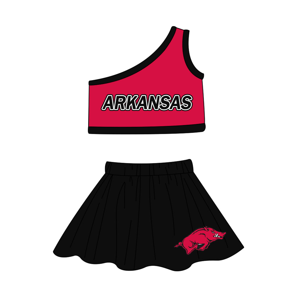 (Custom Design Preorder MOQ 5) Team's ARKANSAS Print One Shoulder Sleeve Top Skirts Shorts Girls Summer Clothes Set