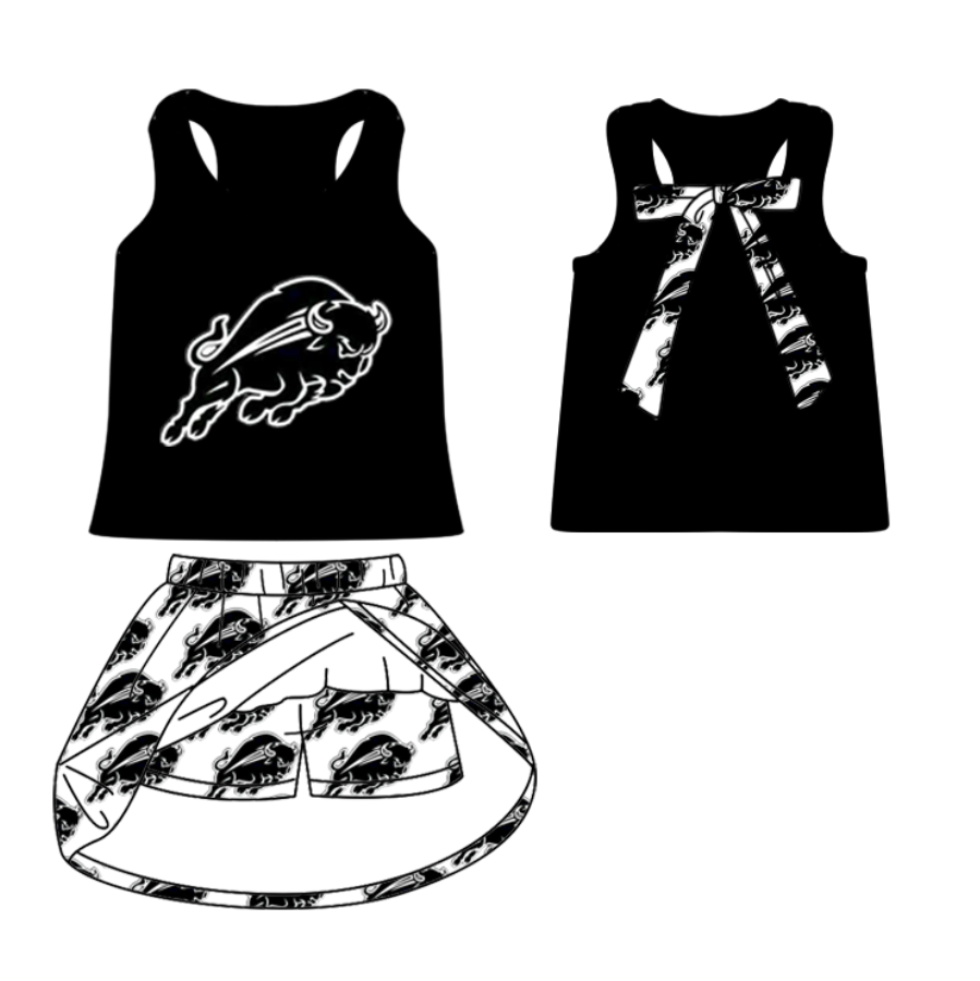 (Custom Design Preorder MOQ 5 ) Team's Forsan Black Print Skirts Girls Summer Clothes Set