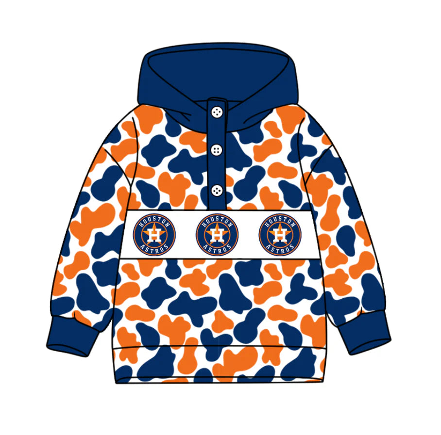 (Custom Design Preorder MOQ 5) Team's Houston Astros Camo Print Kids Long Sleeve Buttons Hoodie Top