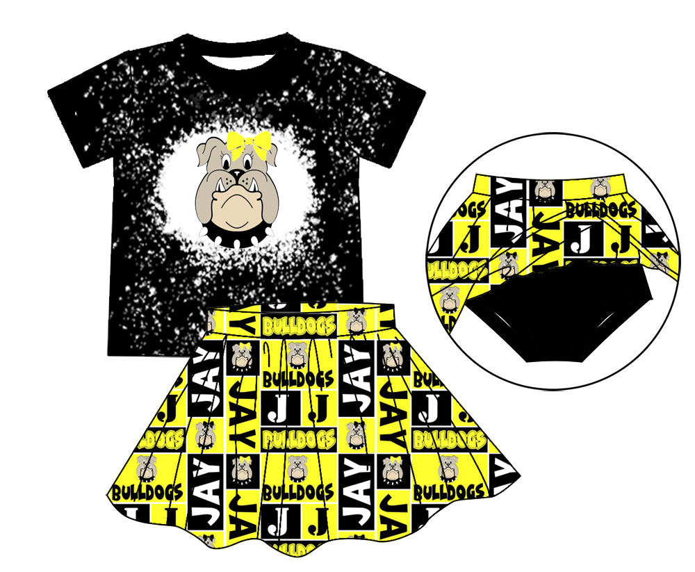 (Custom Design Preorder MOQ 5) Team's BULLDOGS Print Black Top Yellow Shorts Skirts Girls Summer Clothes Set
