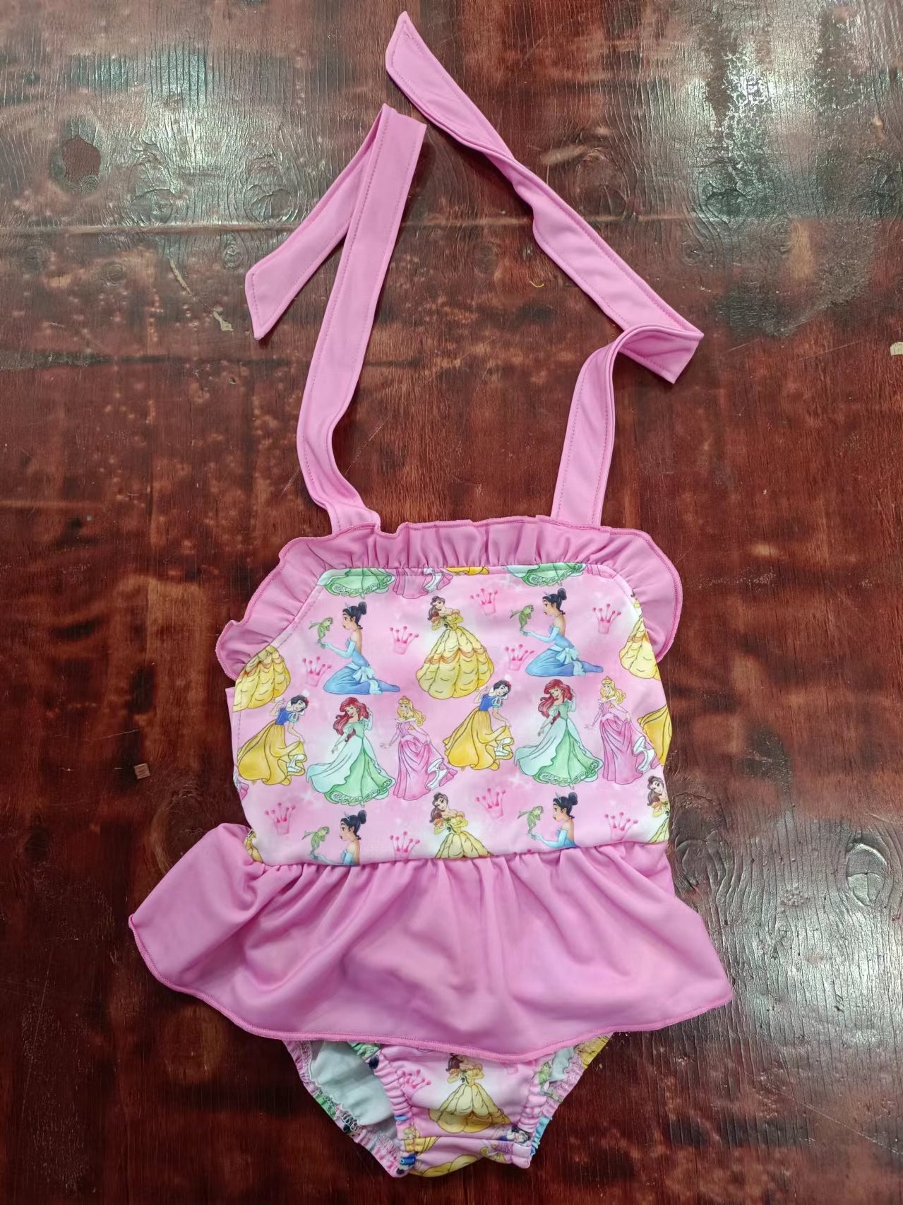 (Custom Design Preorder MOQ 5) Pink Cartoon Princess Print Ruffle Girls 1 Piece Swimsuits