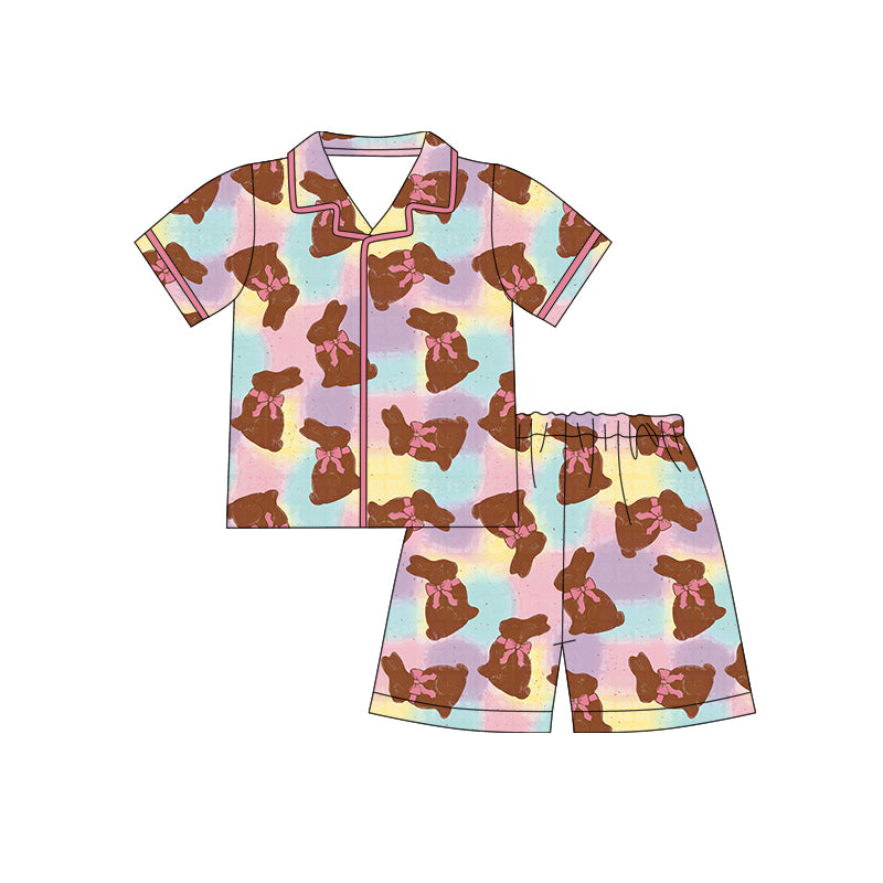 12.10 (Custom Design Preorder MOQ 5) Bunny Tie-dye Print Girls Easter Buttons Pajamas Clothes Set