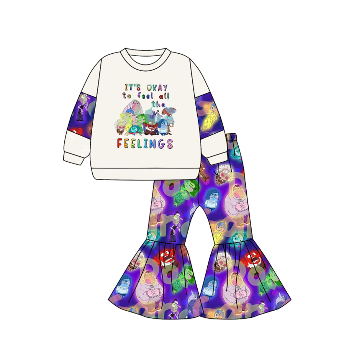 (Custom Design Preorder MOQ 5) Cartoon Figure Inside Out It's Okay Print Bell Pants Girls Clothes Set