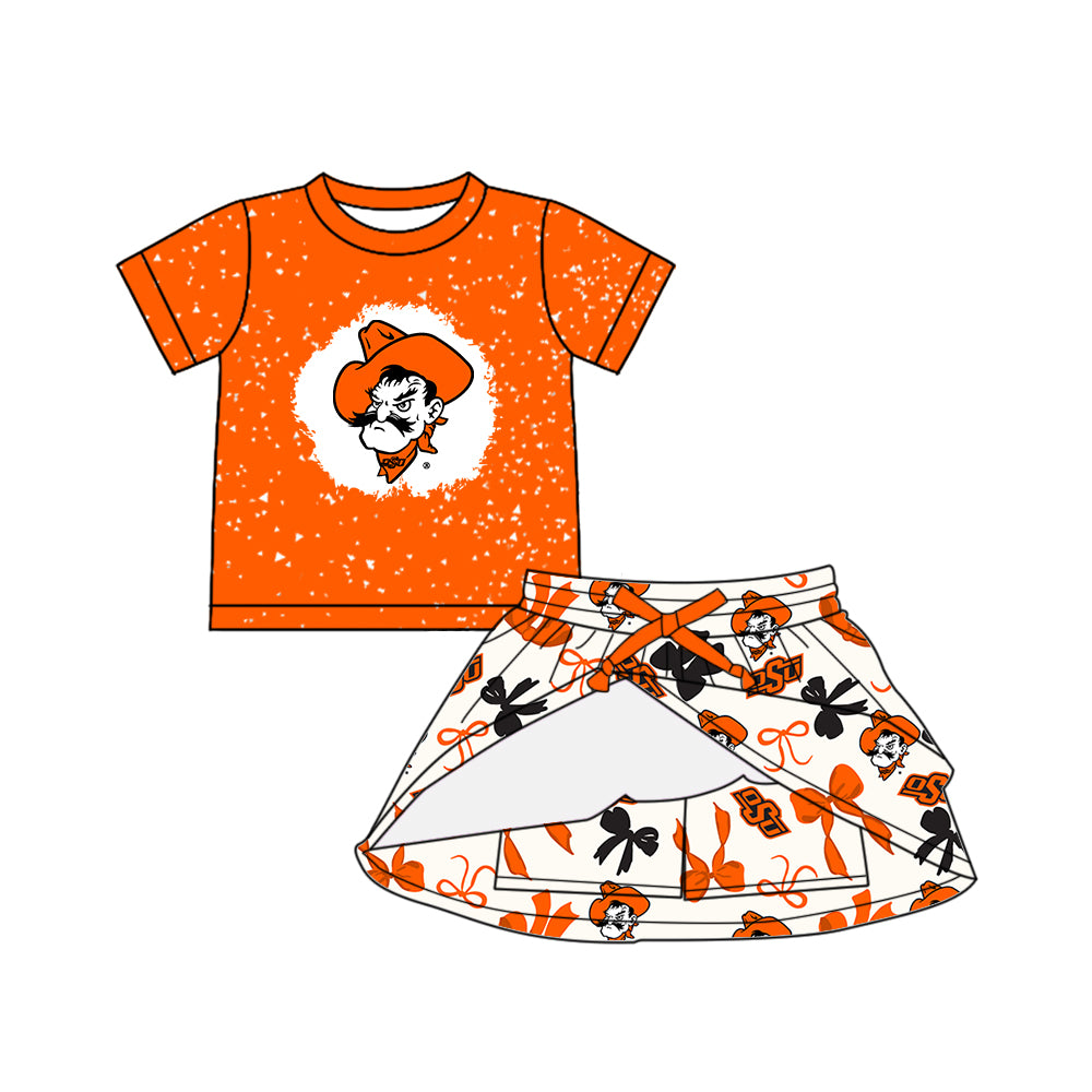 (Custom Design Preorder MOQ 5 Each Color) Team's Okahoma State Cowboys Bows Print Girls Summer Clothes Sisters Matching Wear