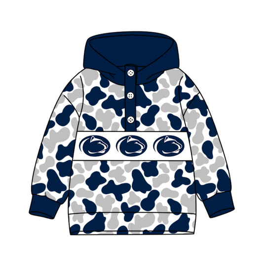 (Custom Design Preorder MOQ 5) Team's Nittany Lions Camo Print Kids Long Sleeve Buttons Hoodie Top