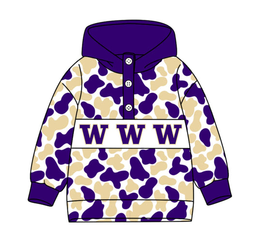 (Custom Design Preorder MOQ 5) Team's Washington Huskies Camo Print Kids Long Sleeve Buttons Hoodie Top