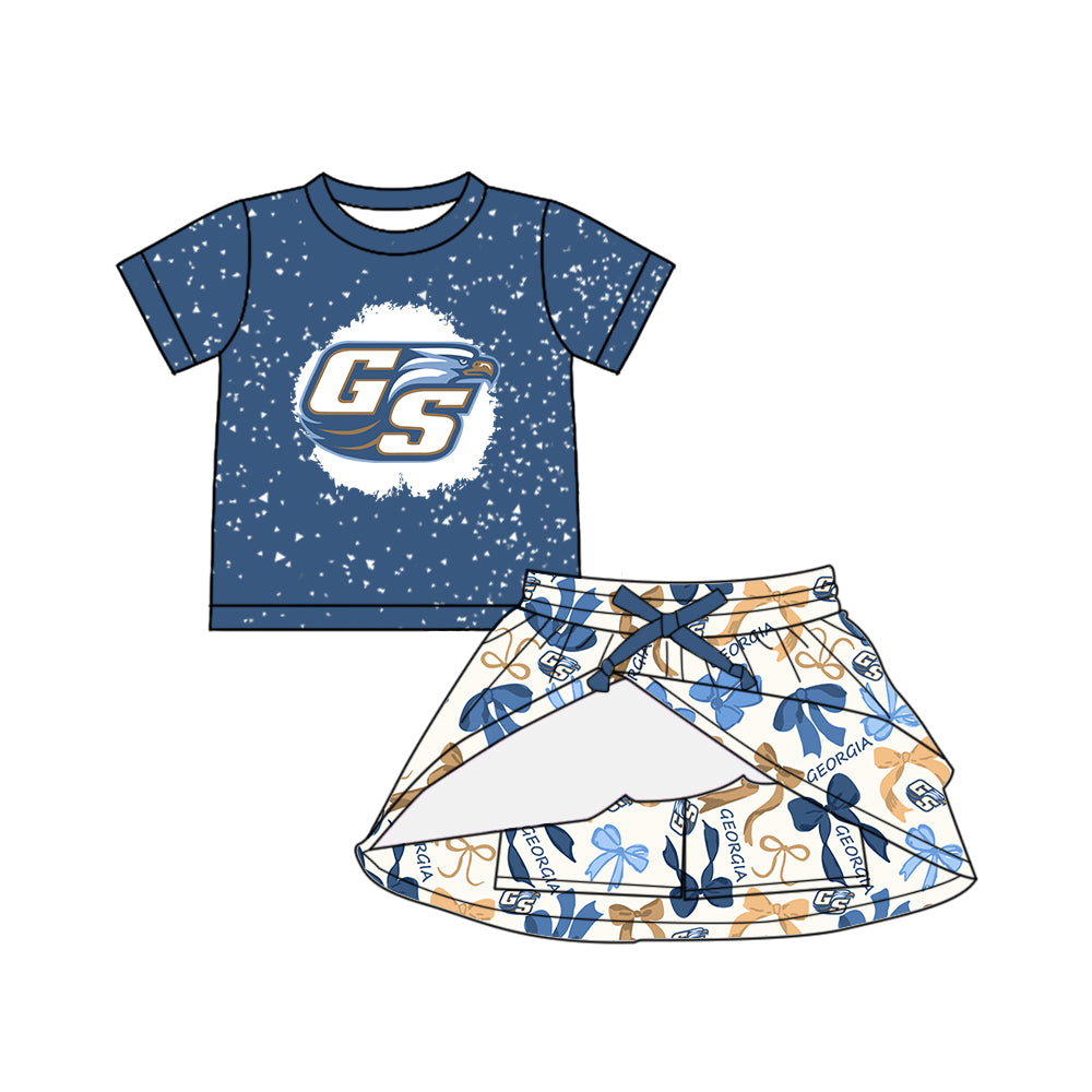 (Custom Design Preorder MOQ 5 Each Color) Team's GEORGIA Bows Print Girls Summer Clothes Sisters Matching Wear