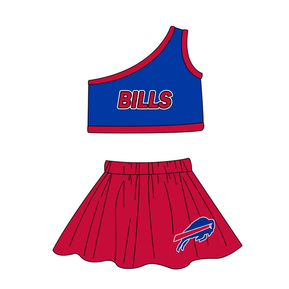(Custom Design Preorder MOQ 5) Team's BILLS Print One Shoulder Sleeve Top Skirts Shorts Girls Summer Clothes Set