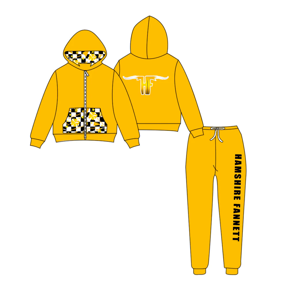 (Custom Design Preorder MOQ 5) Team's HAMSHIRE FANNETT Zipper Hoodie Top Yellow Pants Kids Fall Clothes Set