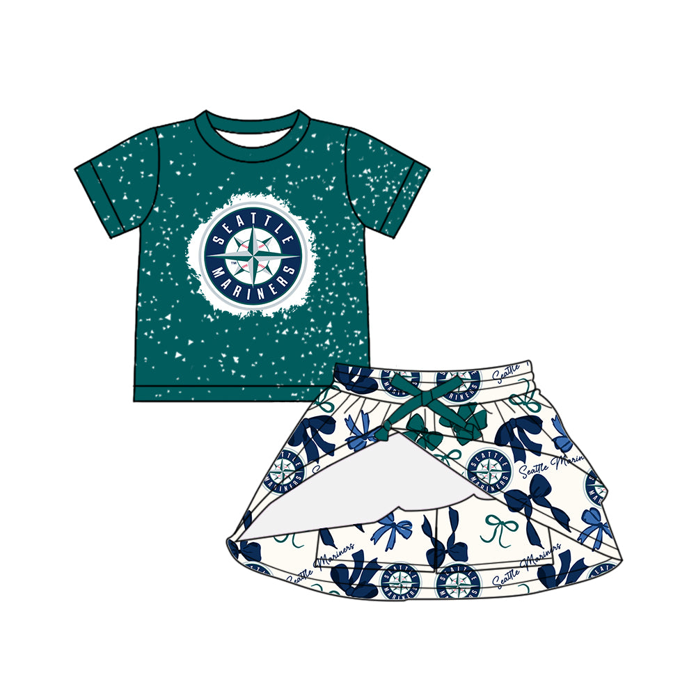 (Custom Design Preorder MOQ 5 Each Color) Team's SEATTLE MARINERS Bows Print Girls Summer Clothes Sisters Matching Wear