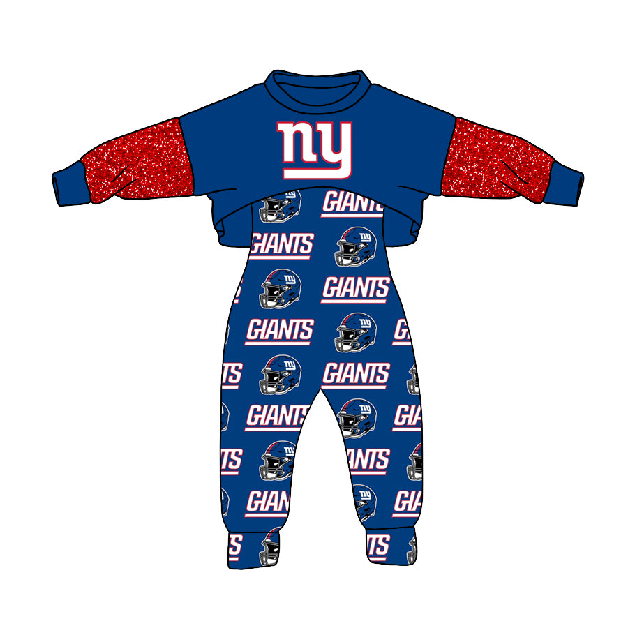 (Custom Design MOQ 5) NO.11 Blue Football Team's Print Girls Jumpsuits Clothes Set