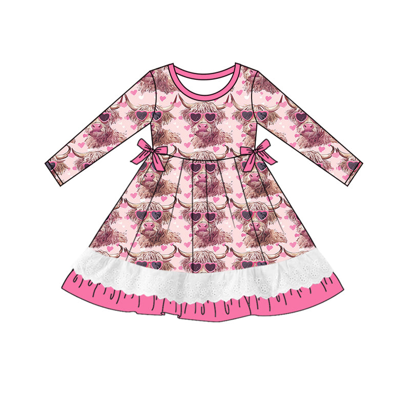 (Custom Design Preorder MOQ 5) Highland Cow Heart Print Girls Valentine's Day Knee Length Dress