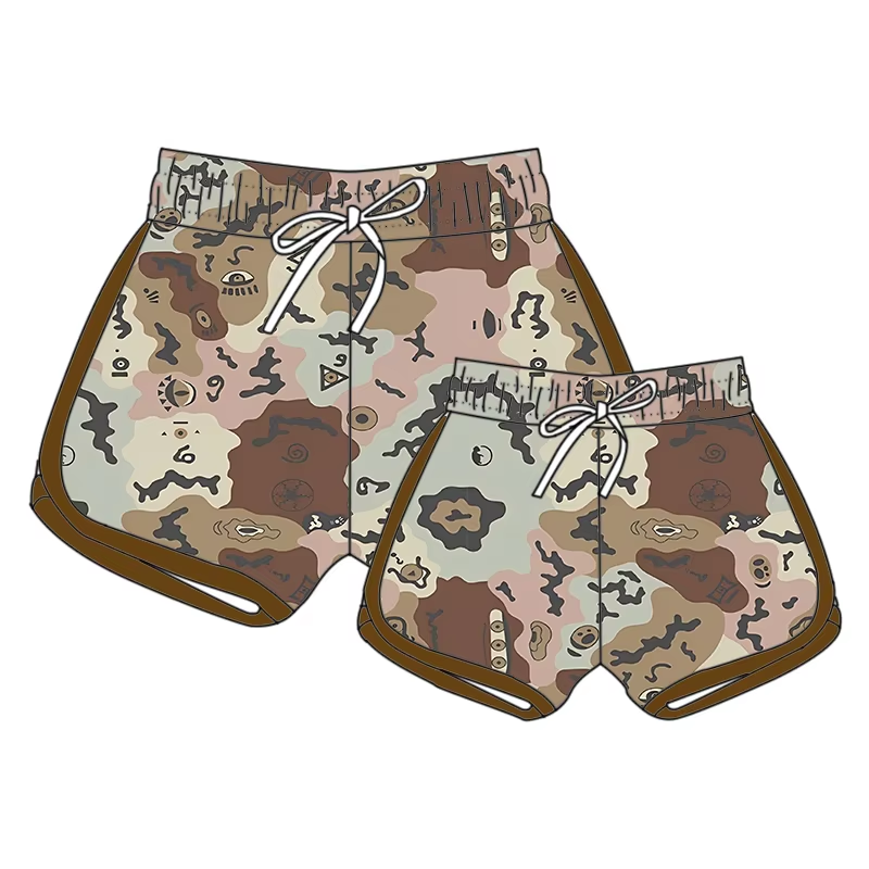 (Custom Design Preorder MOQ 5 Each Design) Brown Camo Print Summer Bottom Sports Shorts Mom and Me Matching Clothes