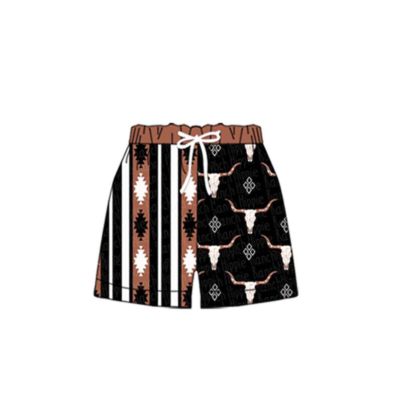 (Custom Design Preorder MOQ 5) Cow Skull Aztec Print Kids Western Bottom Shorts