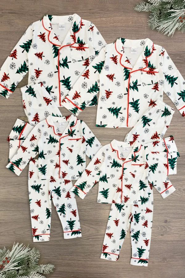 (Custom Design Preorder MOQ 5) Christmas Tree Print Girls Pajamas Clothes Set