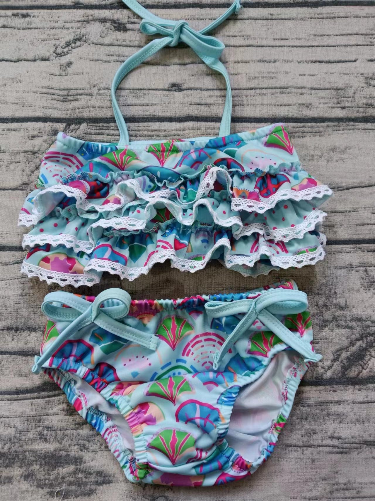 (Custom Design Preorder MOQ 5) Colorful Scale Print Girls 2 Pieces Strap Swimsuits