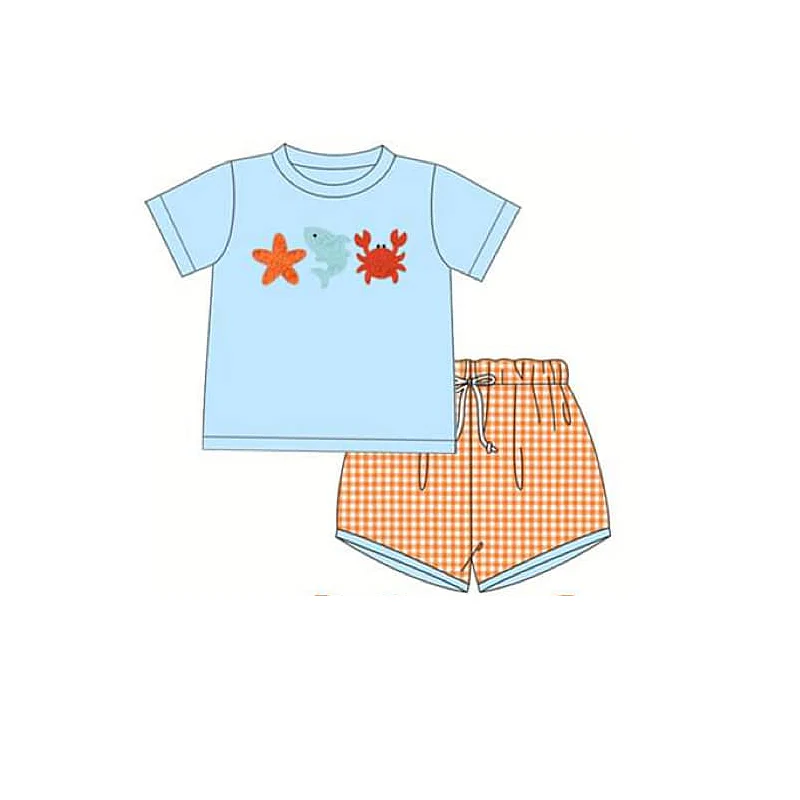 (Custom Design Preorder MOQ 5) Starfish Fish Crab Top Plaid Shorts Boys Summer Clothes Set