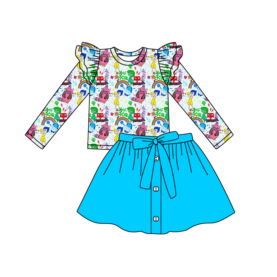 (Custom Design Preorder MOQ 5) Cartoon Figure Inside Out Rainbow Top Blue Skirts Girls Clothes Set